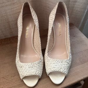 PRADA cream woven peep toe heel